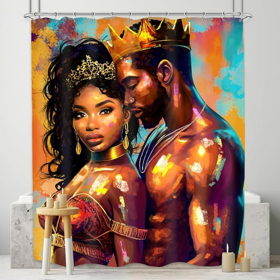 African American Shower Curtain 72"W x 72"LBlack Couple Afro King and Queen Woman and Man Retro Lovers Modern Gold Crown Bathroom Decor Unique Romantic Bath Curtain Fabric Polyester 12 Pack Hooks
