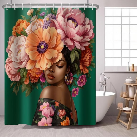 African American Shower Curtain Black Girl Colorful Flower on Green Backdrop,Fashion Waterproof Fabric Shower Curtains for Bathroom Weighted