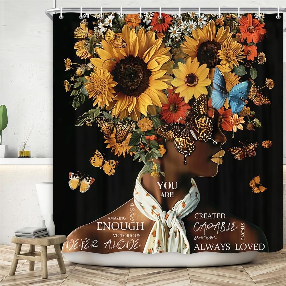 African American Shower Curtains Vintage Sunflower Flower Black Girl Shower Curtain Positive Confident Women Bath Curtain Waterproof Polyester Fabric Bathroom Accessories Decor with 12 Hooks, 72X72in