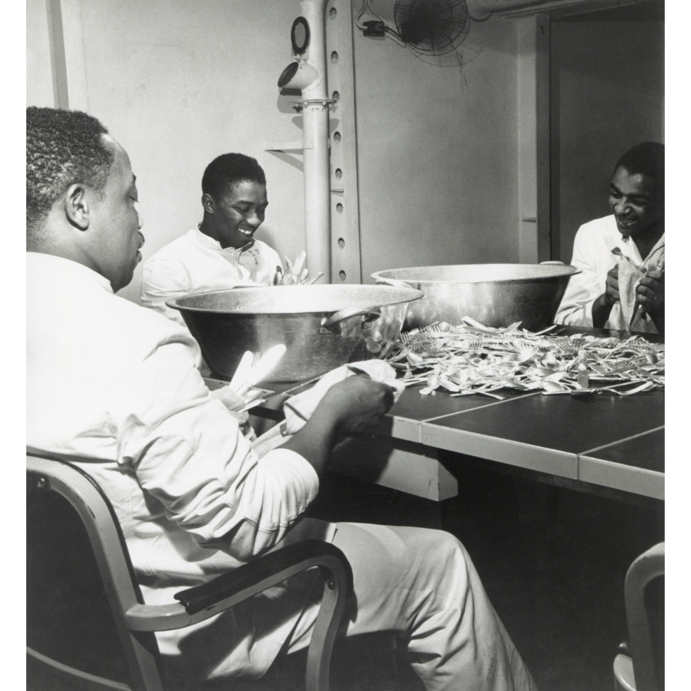African American Steward Mates Dry Silverware In The Wardroom Of The U ...
