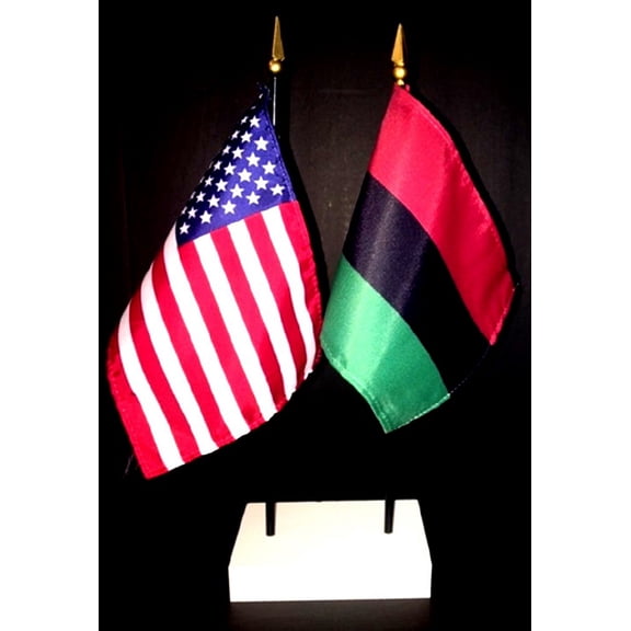 African American Table Flag Set; One USA and International Rayon 4x6 inch Flag Plus a White Base