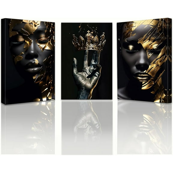 African American Wall Art 3 Piece Purple Black Woman Canvas Picture Fashion Queen Crown Butterfly Painting Elegant Prints Poster for Girl Living Room Bedroom Home Decor Framed(POR-01,12"x16"x3)