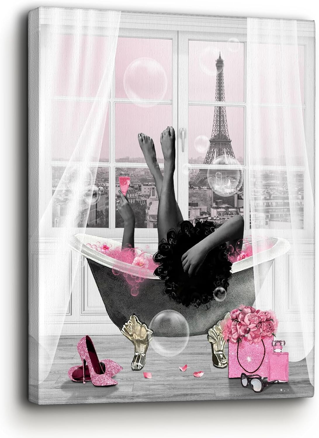 African American Wall Art Black Girl In Bathtub Canvas Wall Art Poster Prints Modern African Women Pink Bathroom Wall Decor Fashion Pictures Framed Artwork For Bathroom Living Room 12"X16"