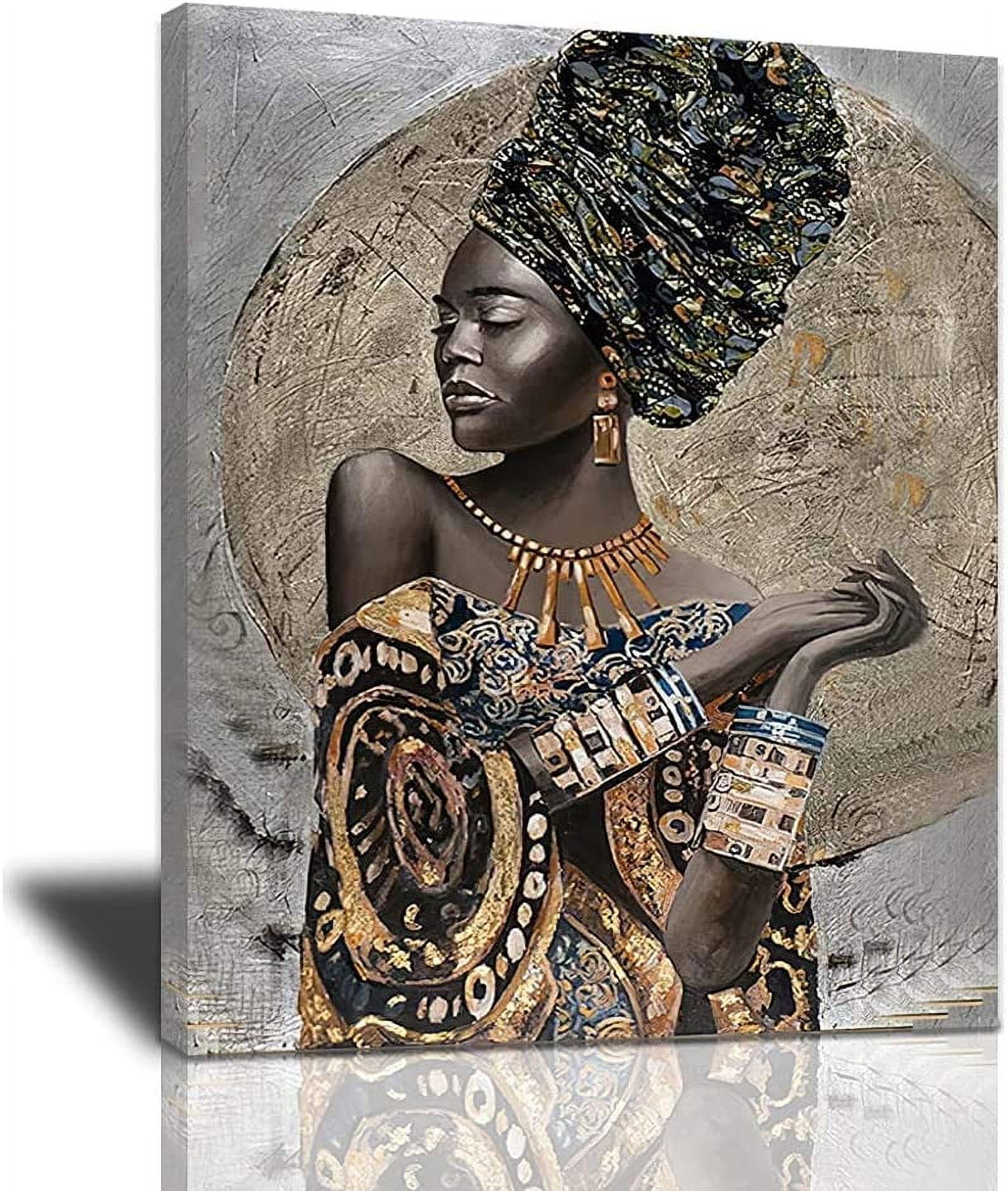 African American Wall Art,Canvas Painting Black And Golden Woman Portrait  Abstract Gold Earrings Necklace Poster Artwork Modern Home Decorations  Framed Ready To Hang For Living Room Bedroom12x16inch