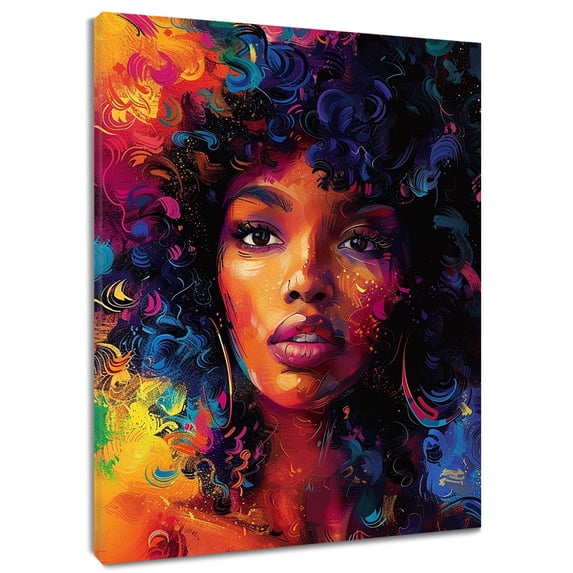African American Wall Art Fashion Black Girl with Blue Red Yellow Curly Hair Canvas Wall Art Graffiti Black Women Framed Wall Art for Living Room Bedroom Bathroom Home Decor Ready to Hang,12x12 Inches