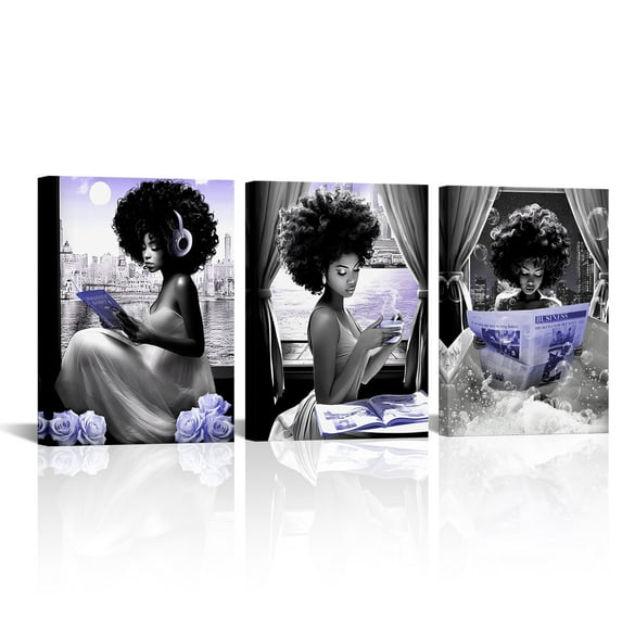 African American Wall Art Fashion Black Girl Wall Art Grey and Purple Bathroom Wall Decor Afro Women Canvas Prints Framed Artwork Modern Black Girl Wall Decor for Living Room Bathroom Wall Art