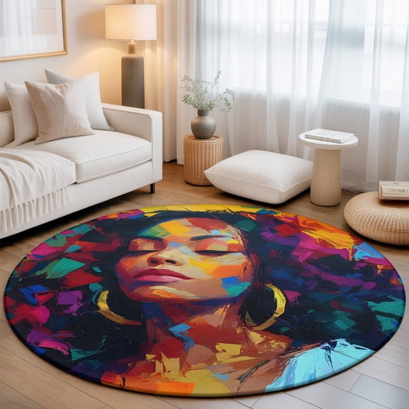 African American Washable Round Area Rug 3 ft, Colorful Abstract Black Woman Soft Non Slip Rugs Stain Repellent Indoor Felt Carpet for Living Dining Room Bedroom Home Office