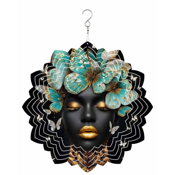 African American Wind Spinner for Garden Yard 8In, Woman Portrait Butterfly Luxury 3D Stainless Steel Kinetic Hanging Wind Spinners Rustproof Outdoor Decor for Lawn Patio Home