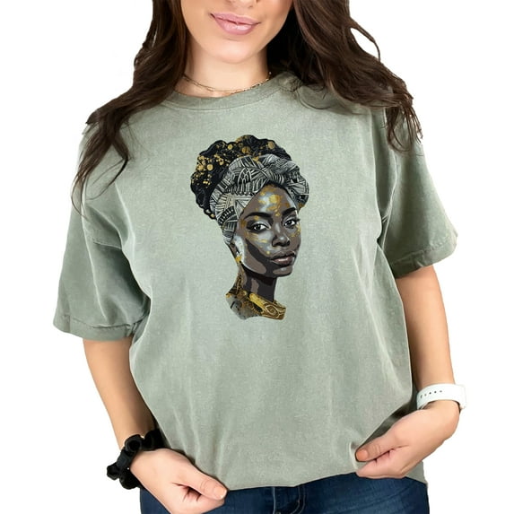 African American Woman Art T-Shirt, African Style Graphic Tee, Afrocentric Fashion Shirt, Colorful Headwrap Design, Cultural Artwear Top, Moss Comfort Colors T-Shirt, Medium