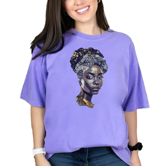 African American Woman Art T-Shirt, African Style Graphic Tee, Afrocentric Fashion Shirt, Colorful Headwrap Design, Cultural Artwear Top, Violet Comfort Colors T-Shirt, Small