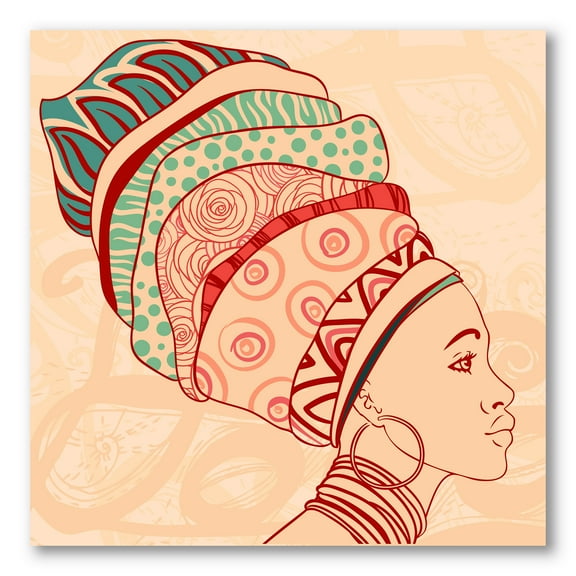 African American Woman Portrait with Turban II 16 in x 16 in Painting Canvas Art Print, by Designart