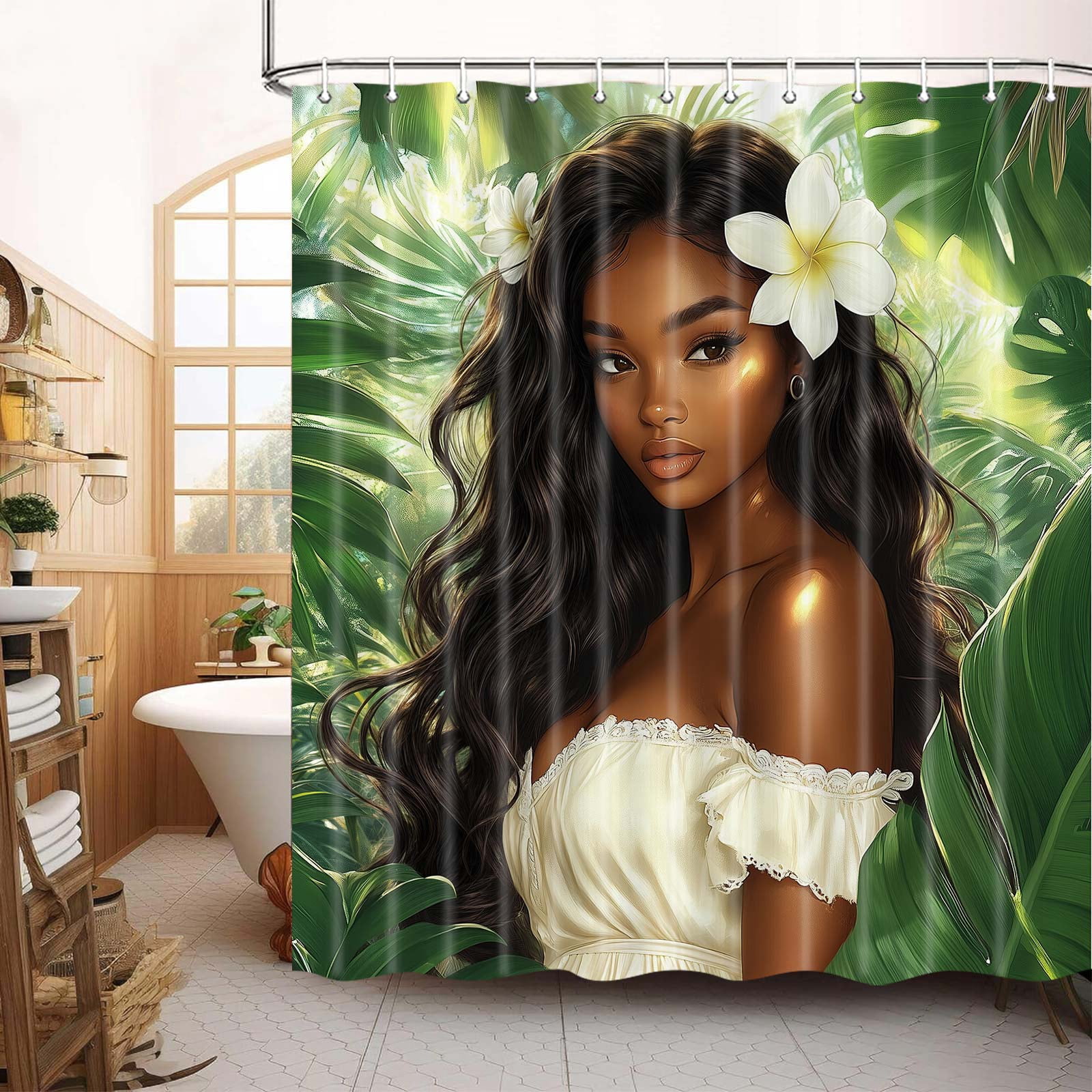 MESHELLY African American Woman Shower Curtain - Teal Floral Rose With Quote, 60x72 Inch, Waterproof Polyester With Hooks