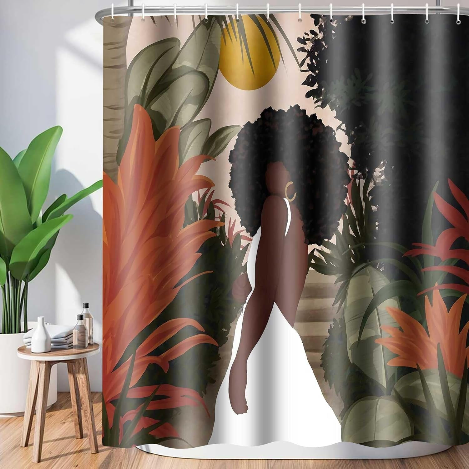 MESHELLY African American Woman Shower Curtain - Teal Floral Rose With Quote, 60x72 Inch, Waterproof Polyester With Hooks