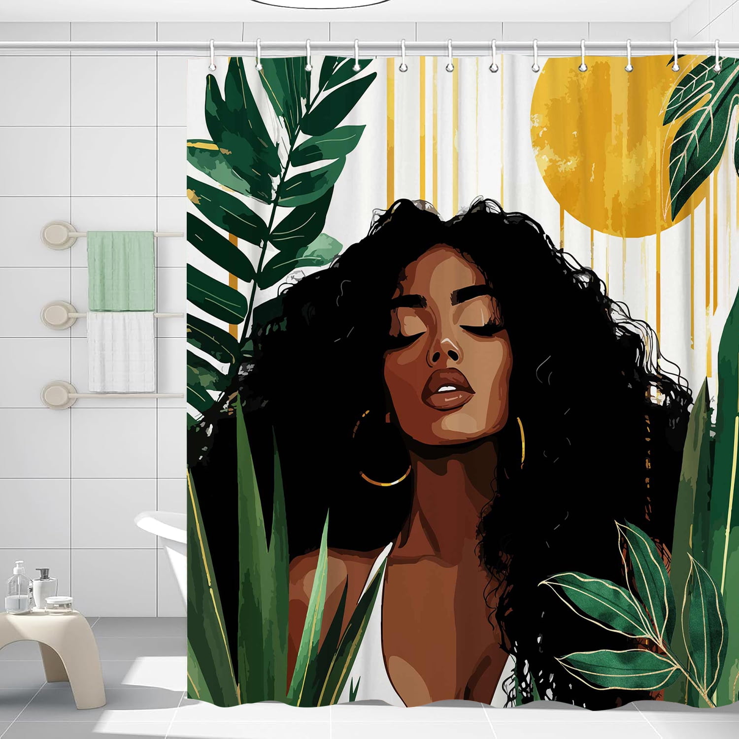 African American Woman Shower Curtain, Sexy Black Girl Lady Bathroom Shower Curtain, Boho Minimalist Art Green Tropical Plant Leaves Modern Bathroom Curtain Set Accessories Decor with Hooks