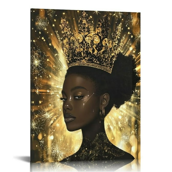 African American Woman Wall Art Black Girl Queen Pictures Gold Canvas Wall Decor Fashion Female Painting Home Modern Artwork for Living Room Bedroom Bathroom Office