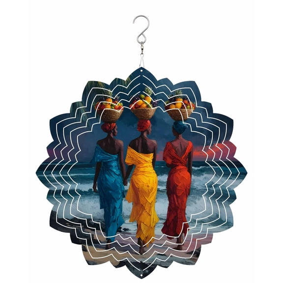 African American Woman Wind Spinner for Garden Yard 8In, Coastal Ocean Blue Yellow Red 3D Stainless Steel Kinetic Hanging Wind Spinners Rustproof Outdoor Decor for Lawn Patio Home