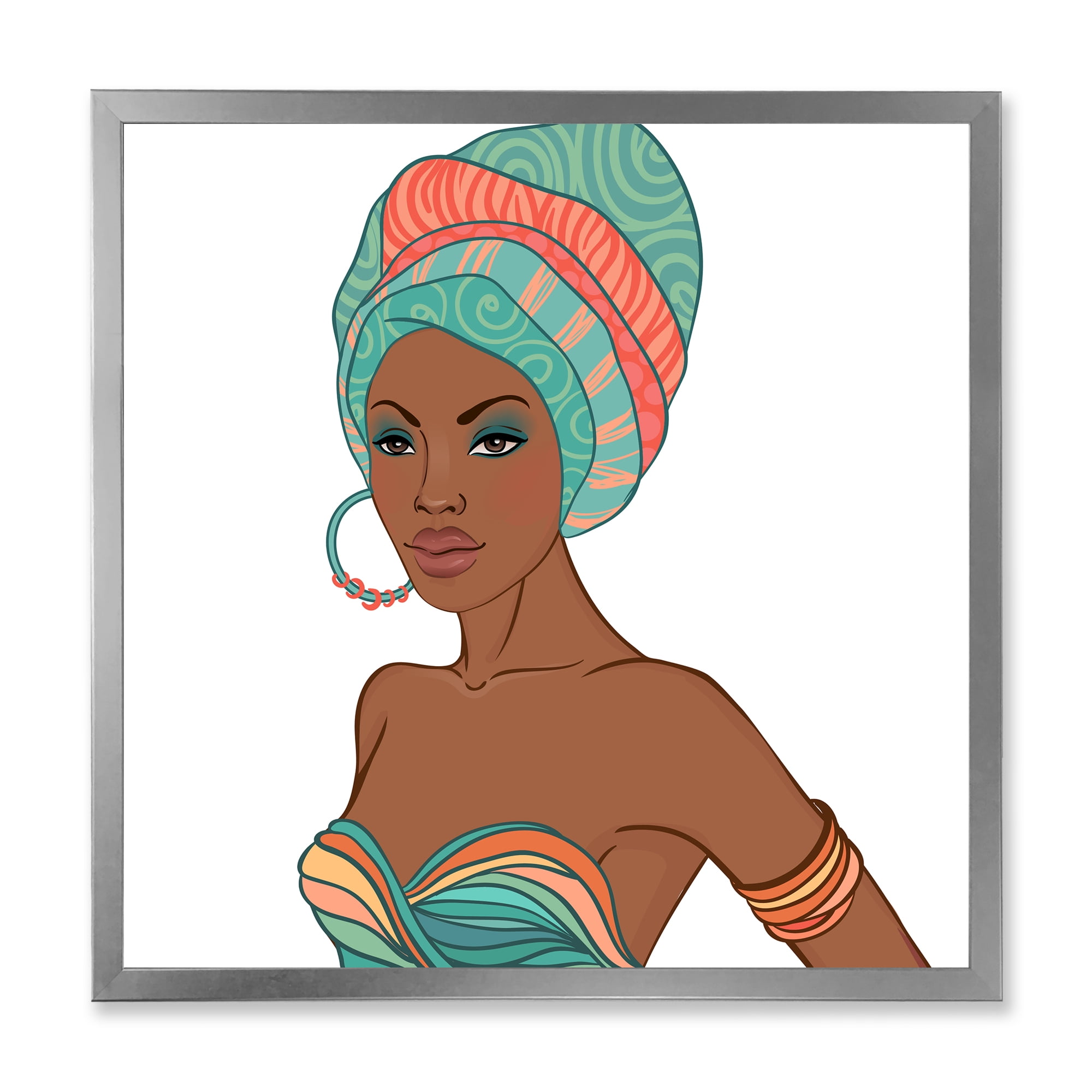African American Woman With Turban and Earring 36 in x 36 in Framed Painting Canvas Art Print, by Designart