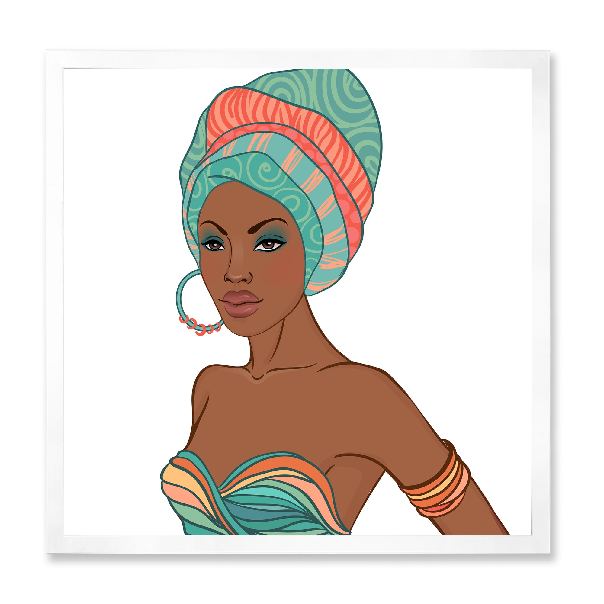 African American Woman With Turban and Earring 36 in x 36 in Framed Painting Canvas Art Print, by Designart