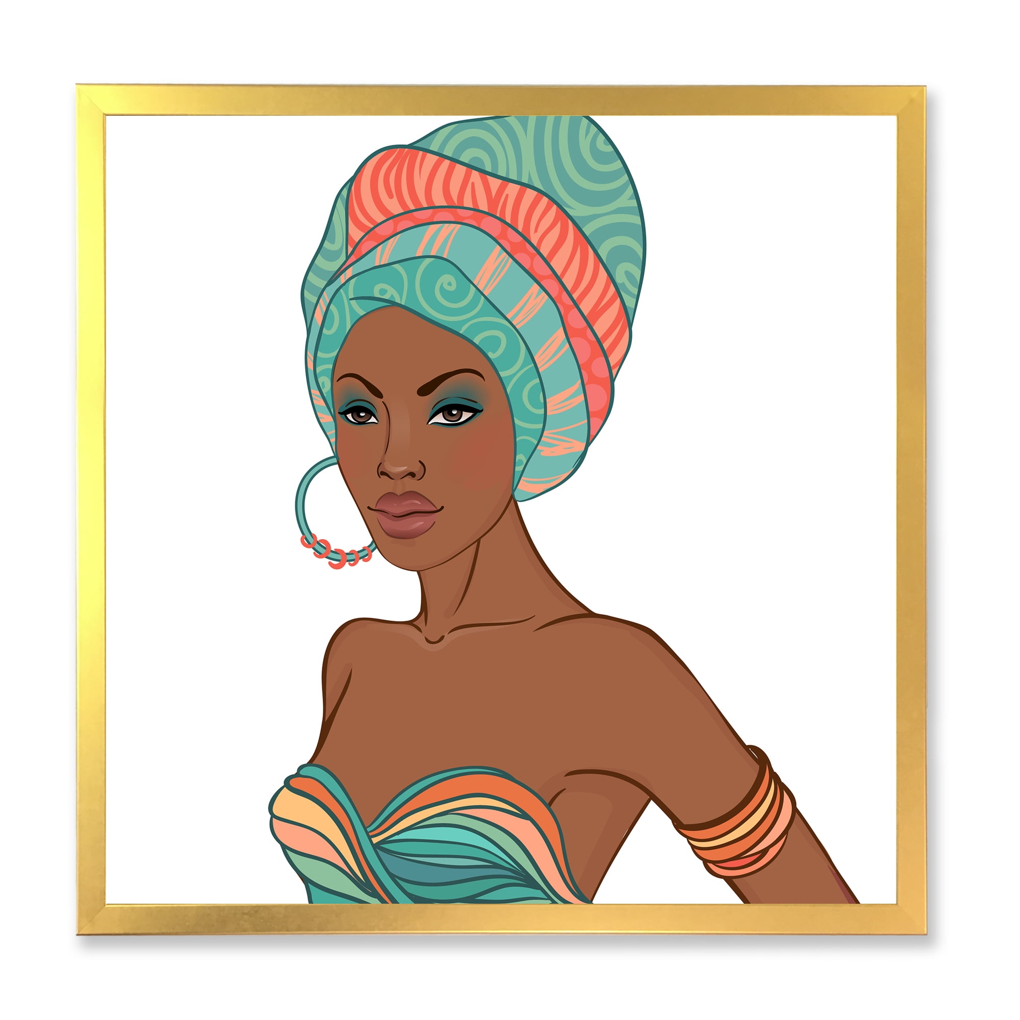 African American Woman With Turban and Earring 36 in x 36 in Framed Painting Canvas Art Print, by Designart