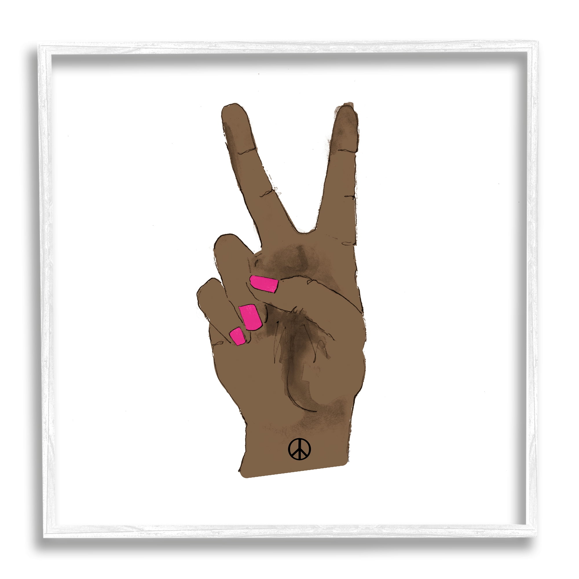 African American Woman's Hand Peace Sign Pink Nails Typography Framed Art Print Wall Art, 17x17