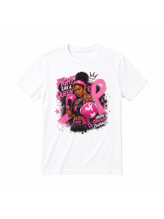 African American Women Breast Cancer Afro T-shirt Unisex Short Sleeve Crew Neck Graphic Printed Tee Top for Adults White S