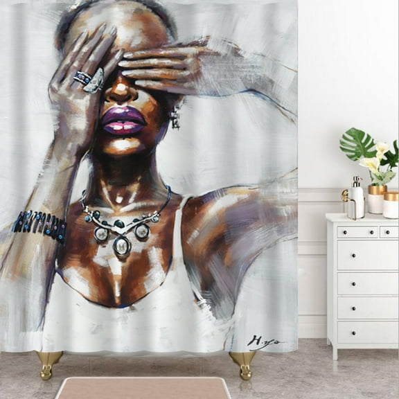 African American Women Portrait Painting Shower Curtain With Hooks Set-Nana