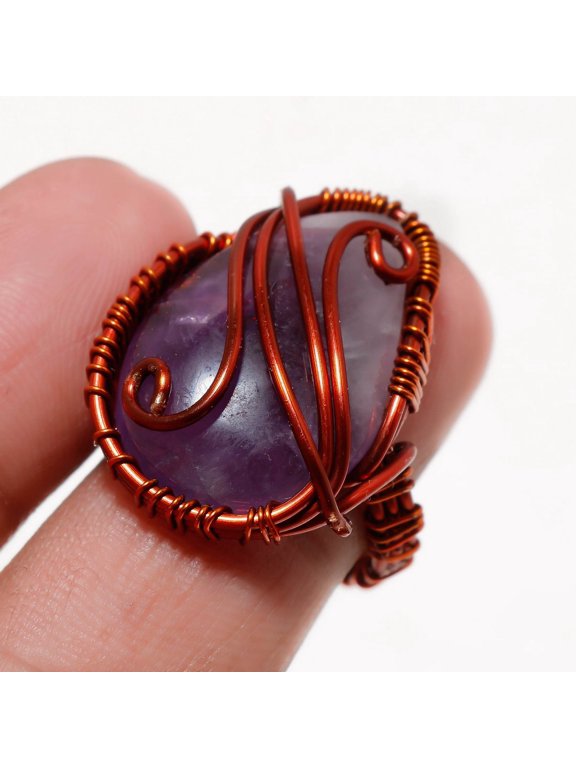 African Amethyst Gemstone Handmade Wire Wrap Copper Jewelry Ring 7.25" SR 677