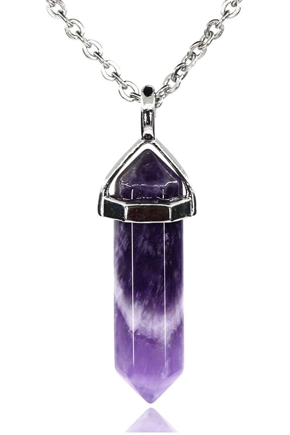 African Amethyst Gemstone Hexagonal Pointed Reiki Chakra Pendant Necklace 18"