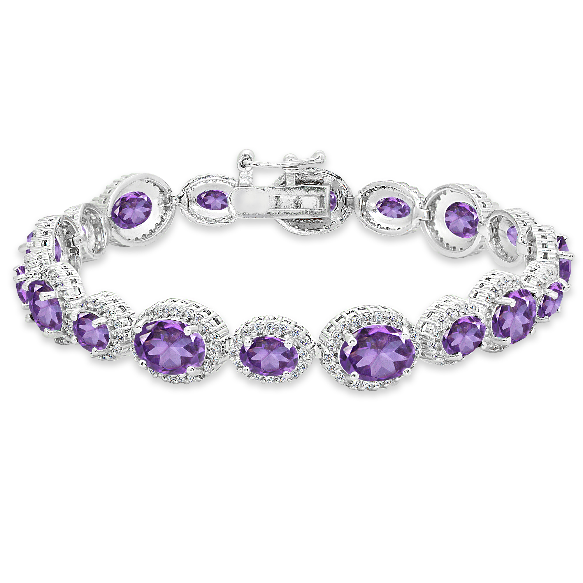 African Amethyst & White Topaz Oval Halo Bracelet in Sterling Silver ...