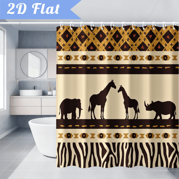 African Animal Shower Curtain 71x71Inch Wild Leopard Print Wildlife Pattern Giraffe Elephant Silhouette Fabric Waterproof Polyester Bathroom Home Decor with Hooks