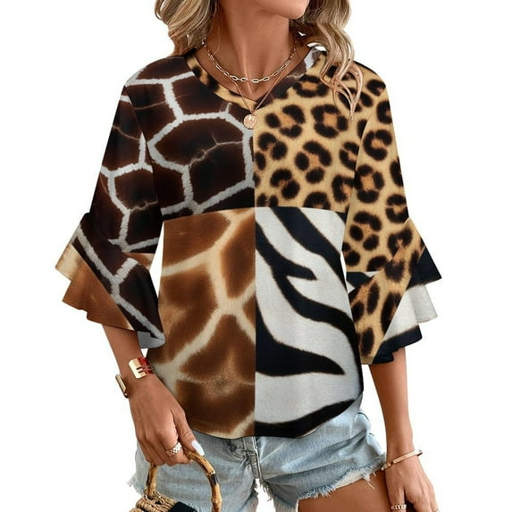 African Animal Skin Textures Collage Women's V-Neck Blouse With 3/4 Ruffled Bell Sleeves Casual Top Ladies Blouses