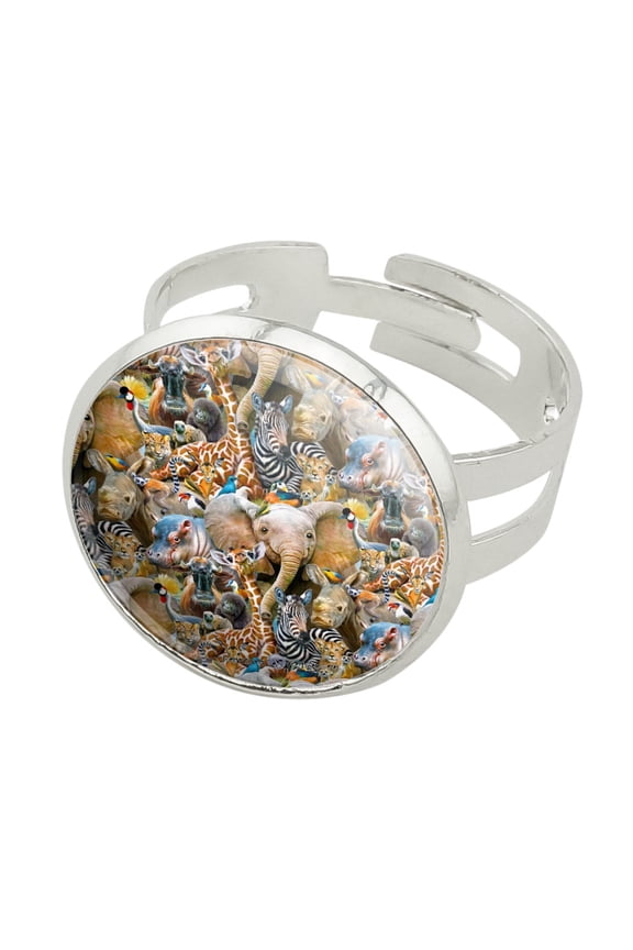African Animals Zebra Giraffe Elephant Pattern Silver Plated Adjustable Novelty Ring