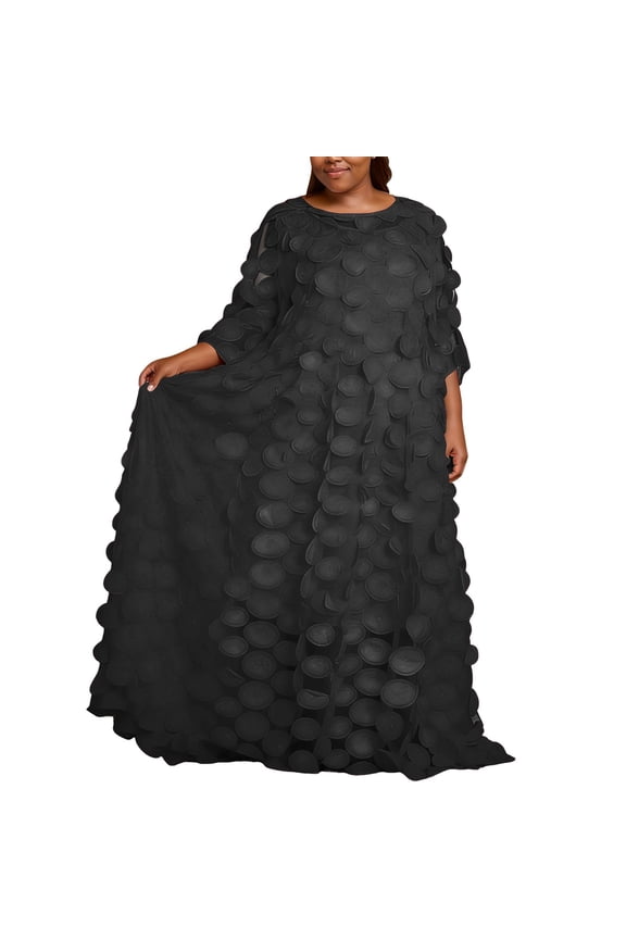 African Applique Dress, Boat Neck Chiffon Gown Caftan with Floral Embellishment, One Size Fits Most Women