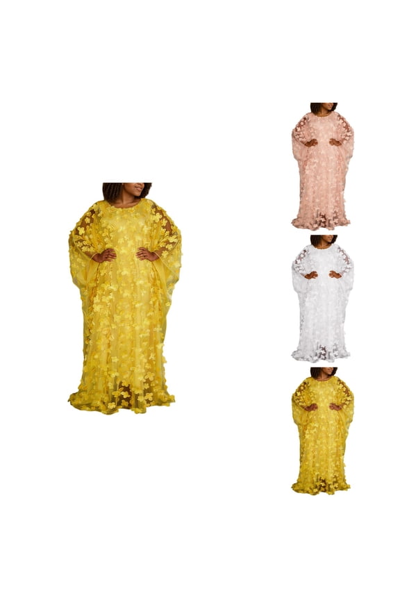African Applique Dress, Boat Neck Chiffon Gown Caftan with Floral Embroidery, One Size Fits Most Women
