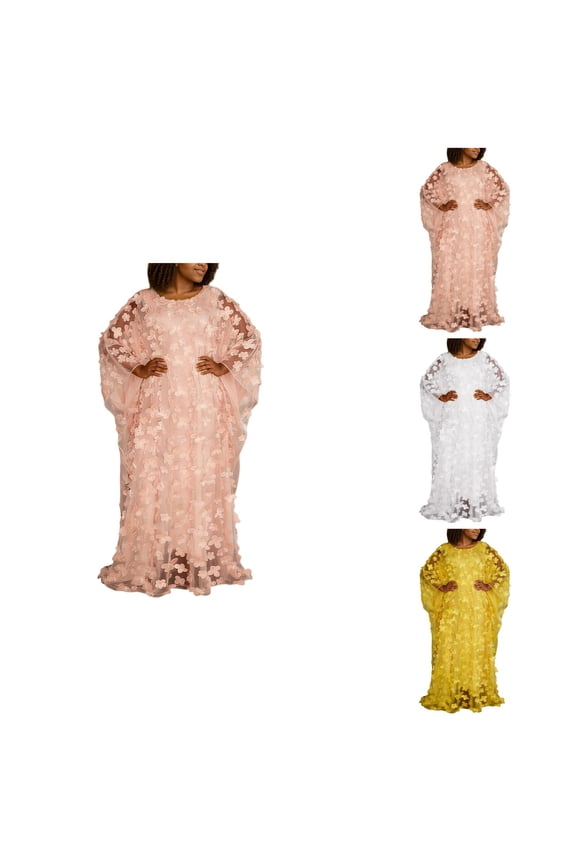African Applique Dress, Boat Neck Chiffon Gown Caftan with Floral Embroidery, One Size Fits Most Women