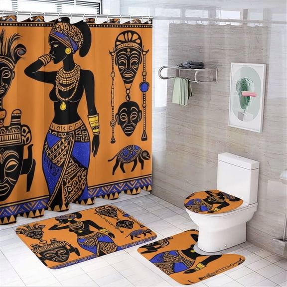 African Art Prints Shower Curtain Waterproof Bathroom Curtain Set with Hooks Home Decor Bathroom Curtains 4pcs