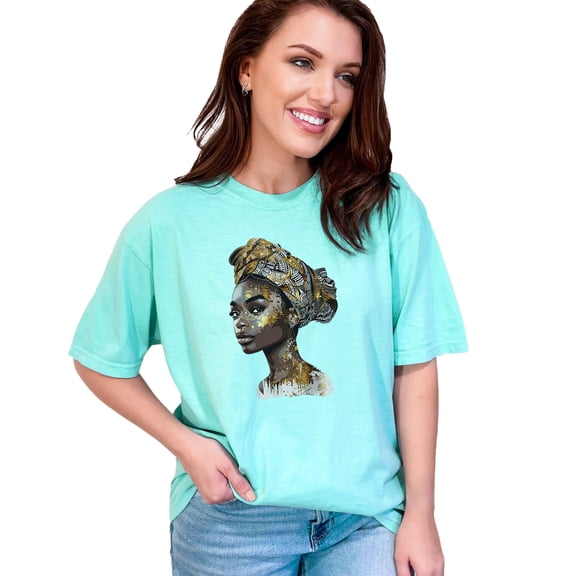 African Art Woman T-Shirt, Unique Graphic Tee, Afrocentric Design, Ethnic Headwrap Shirt, Stylish Artistic Print, Fashionable Tee, Chalky Mint Comfort Colors T-Shirt, 2XL