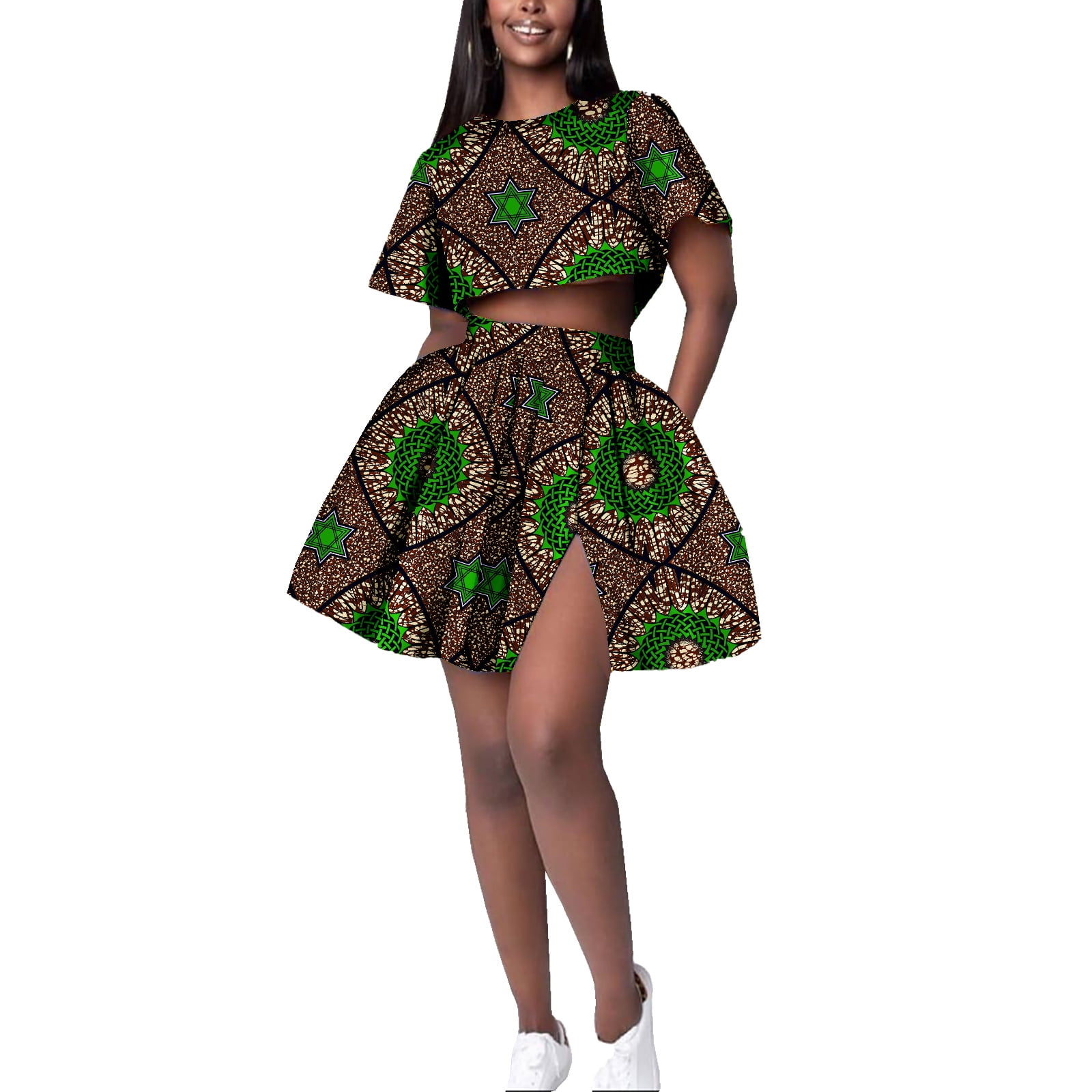 African Attire for Women Cotton Two Piece,Relaxed Crop Top and Slit Skirt  Set Large Multicoloured 5 V32 