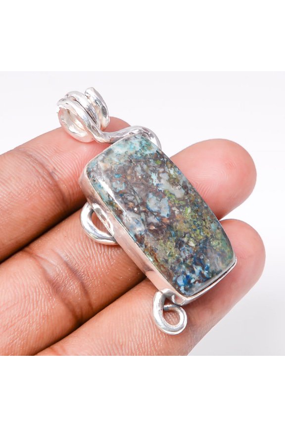 African Azurite Designer Spyral 925 Sterling Silver Pendant 1.75" T77, Azurite Pendant, Christmas Gift, New Year Sale, Gemstone Silver Jewelry