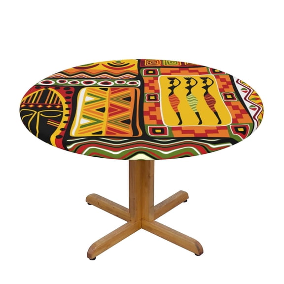 African Background Fitted Tablecloth Round with Elastic Edged, Waterproof Wipe Clean Table Cover for Outdoor Indoor Patio Kitchen - Fits Tables 40" to 44" Diameter