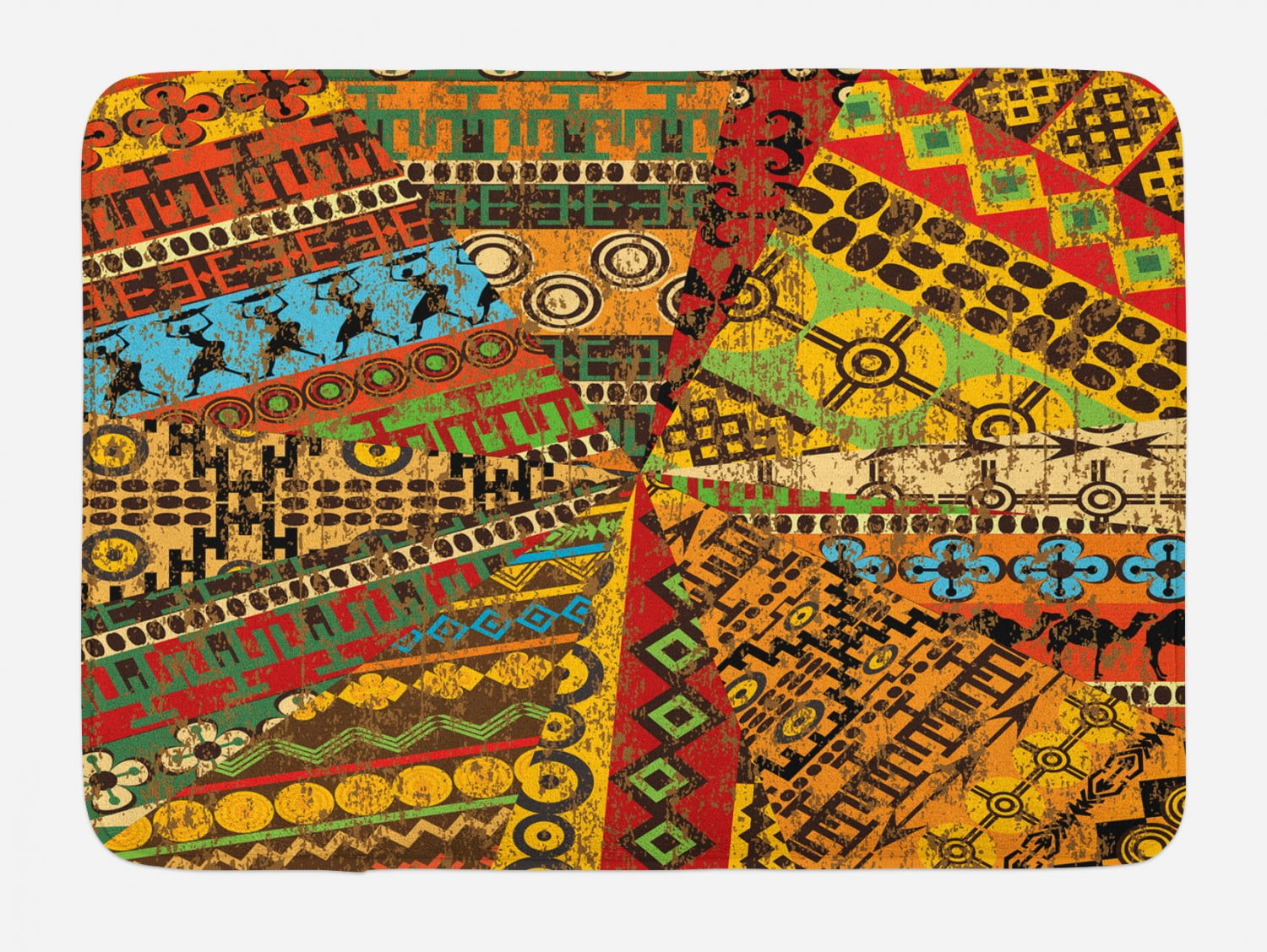 African Bath Mat, Grunge Collage with Ethnic Motifs Tribal Ancient Traditional Art Ornate Geometric, Non-Slip Plush Mat Bathroom Kitchen Laundry Room Decor, 29.5 X 17.5 Inches, Multicolor, Ambesonne