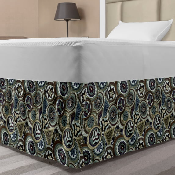 African Bed Skirt, Abstract Circles and Triangles Exotic Indigenous Art Design from Timeless Culture, Elastic Bedskirt Dust Ruffle Wrap Around for Bedding Decor, 4 Sizes, Multicolor, by Ambesonne