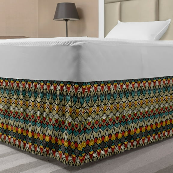 African Bed Skirt, Chevron Zigzags and Half Circles Folkloric Elements Sharp Canonical Motifs, Elastic Bedskirt Dust Ruffle Wrap Around for Bedding Decor, 4 Sizes, Multicolor, by Ambesonne