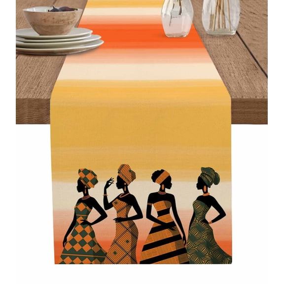 African Black Burlap Cotton Table Runner 16x72 Inches Long, Nation Women Orange Southwest Geometric Farmhouse Table Runners, Outdoor Dining Tablecloths Decor for Baby Shower/Party/Wedding