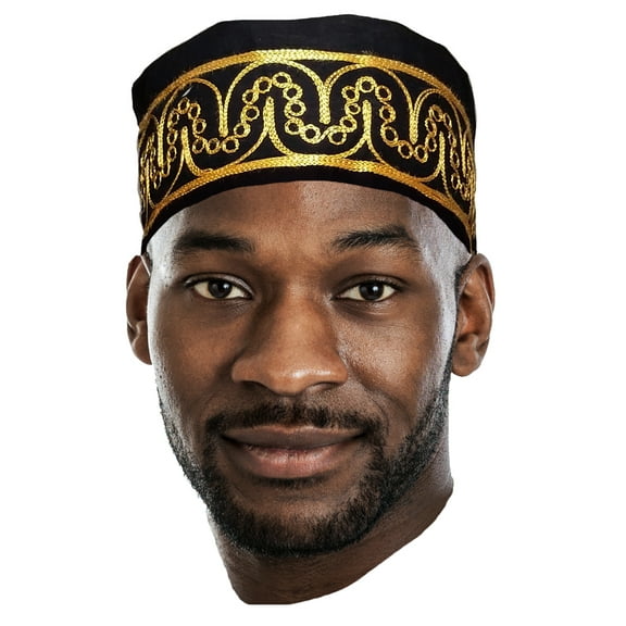African Black Kufi Hat with Gold Embroidery