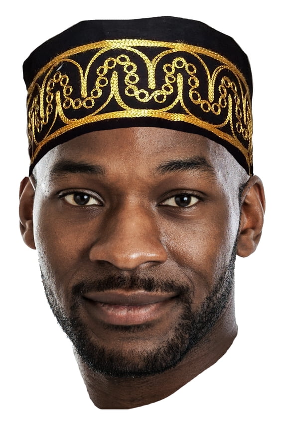 African Black Kufi Hat with Gold Embroidery