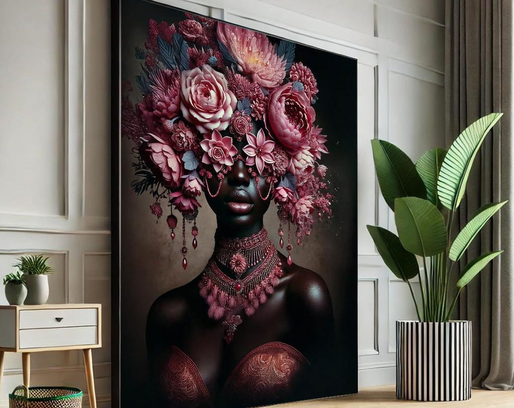 African Black Woman Floral Crown Wall Art - Colorful Painting & Modern ...