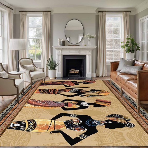 African Black Women Area Rug 6x9 FT, Non Slip Living Room Throw Carpet, Boho Ethnic Tribe Vintage Brown Washable Soft Large Floor Carpet Non-Shedding Rug for Bedroom Dining Room Play Room