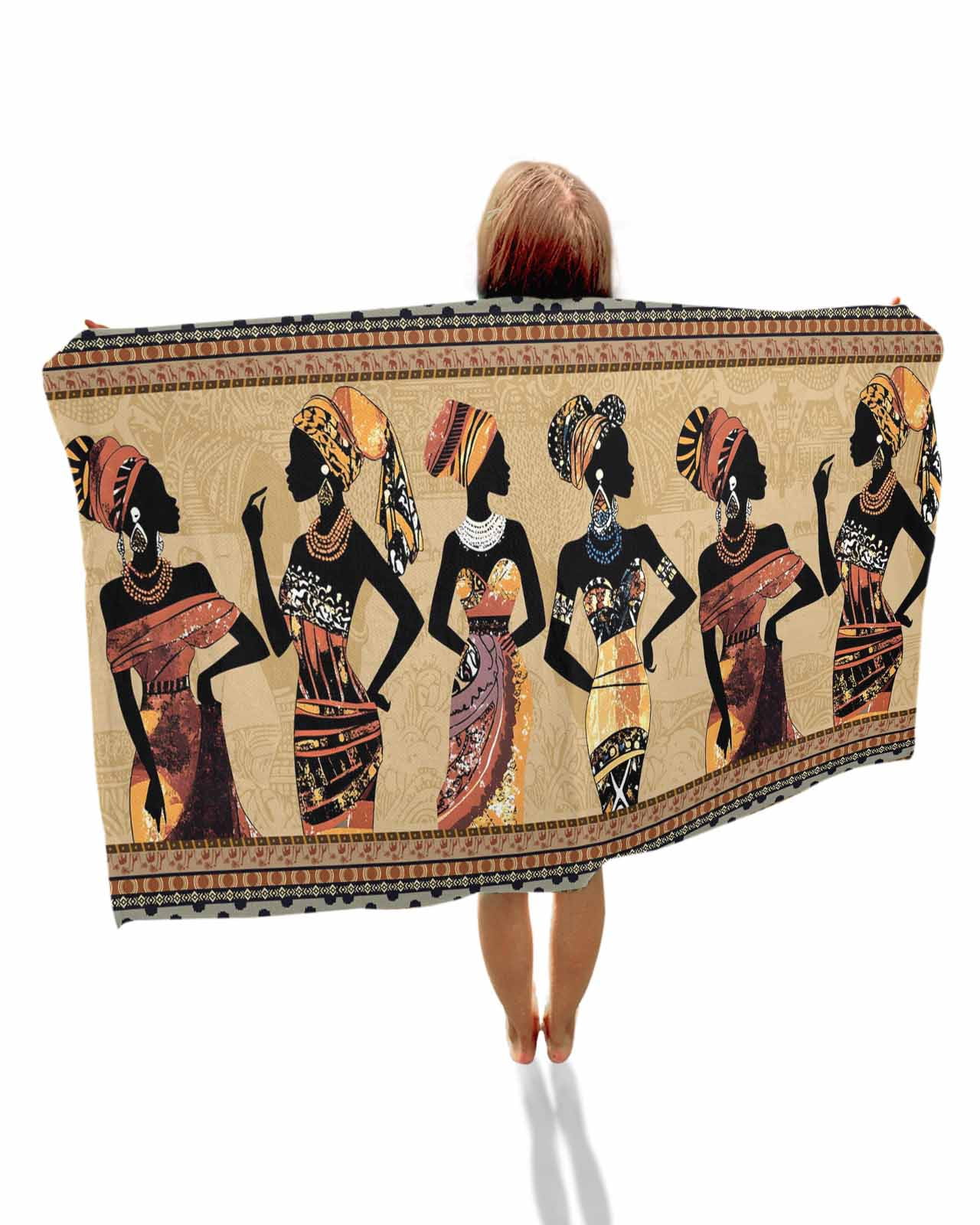 African Black Women Beach Towels Oversized Super Absorbent, Boho Ethnic Tribe Vintage Brown Lightweight Bath Towel Quick Dry Sets For Bathroom/Pool/Rv Camping/Beach Play/Gym Room/Picnic 30"x60"