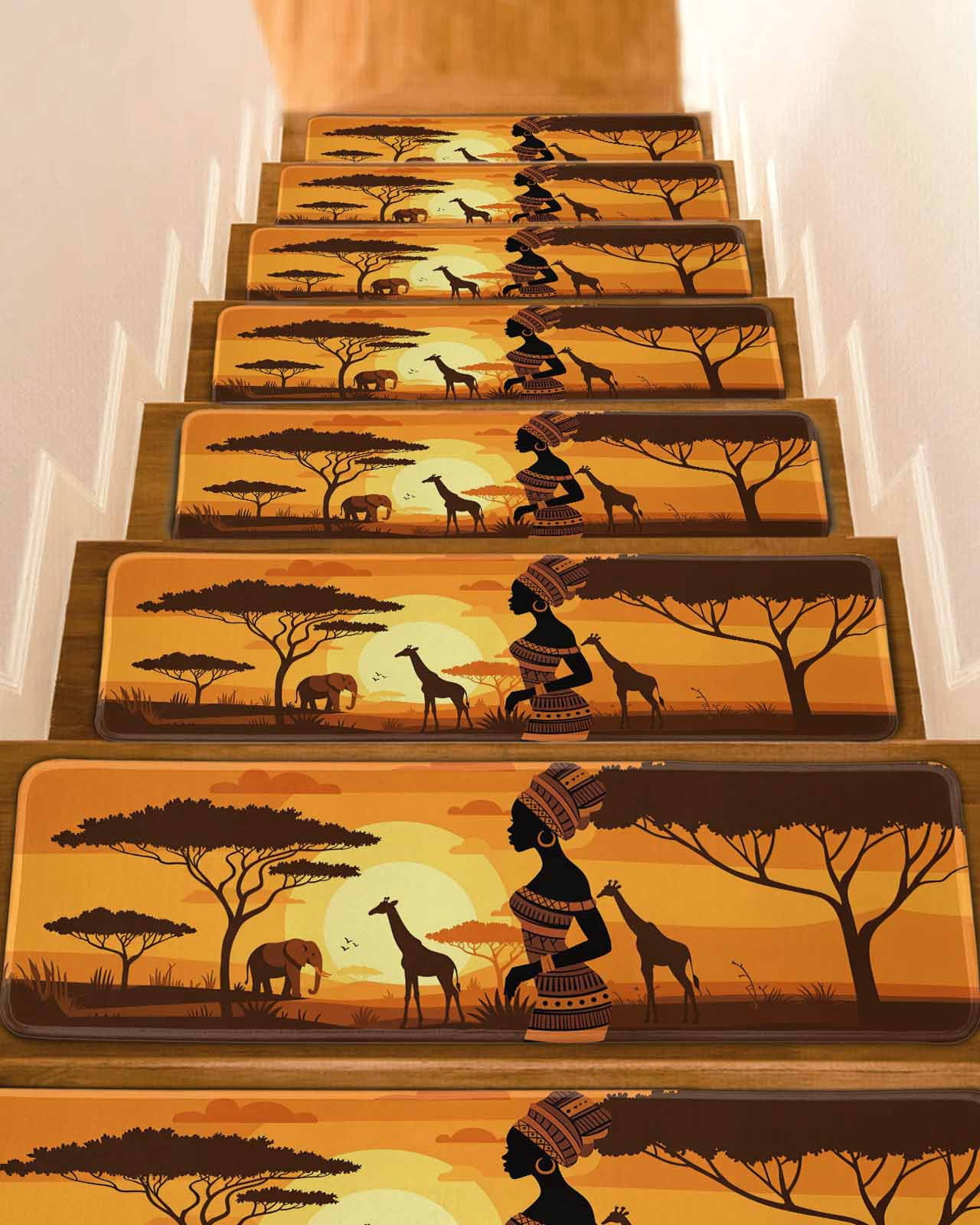 African Black Women Stair Treads for Wooden Steps Indoor Runner Rug Carpet, Vintage Africa Ethnic Tribal 10 Pieces Peel and Stick Staircase Step Treads Covers Washable Throw Door Mats, 30"x8"